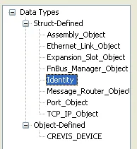 Tag Editor tree view showing the Struct-Defined group with Identity selected among other objects including Assembly_Object, Ethernet_Link_Object, and CREVIS_DEVICE under Object-Defined.