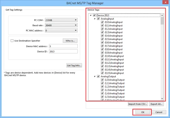 Tag Manager Device Tags Checklist BACnet MS/TP Tag Manager Device Tags panel showing AnalogInput and AnalogOutput tags with checkboxes selected, and the OK button highlighted.