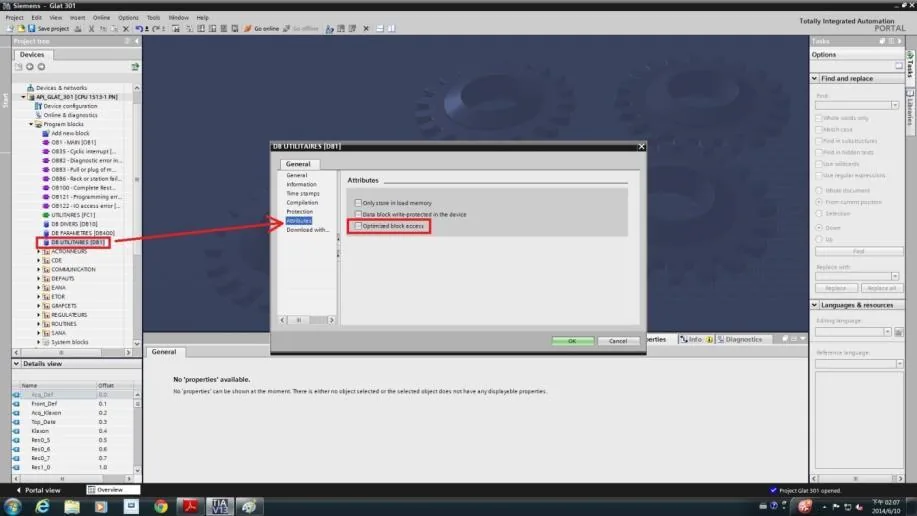 TIA Portal DB UTILITAIRES Attributes dialog with Optimized block access checkbox unchecked.