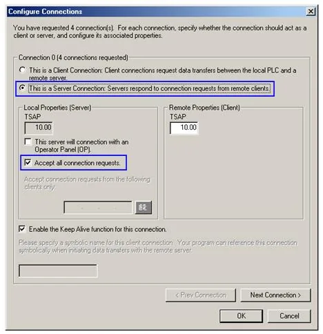 Configure Connections Connection0 Server Configure Connections dialog for Connection 0 with Server Connection selected, Local TSAP set to 10.00, and Accept all connection requests checked.