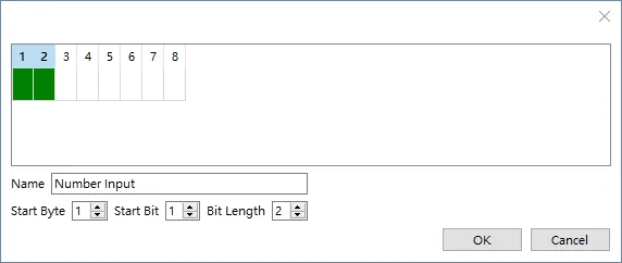 Create Address dialog with Name set to Number Input, Start Byte 1, Start Bit 1, and Bit Length 2, with bytes 1 and 2 highlighted in green.