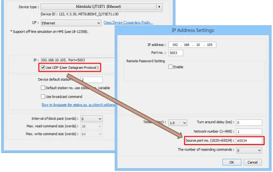 EBPro (EasyBuilder Pro) device settings for Mitsubishi QJ71E71 Ethernet showing Use UDP checkbox selected and IP Address Settings dialog with source port 65534.
