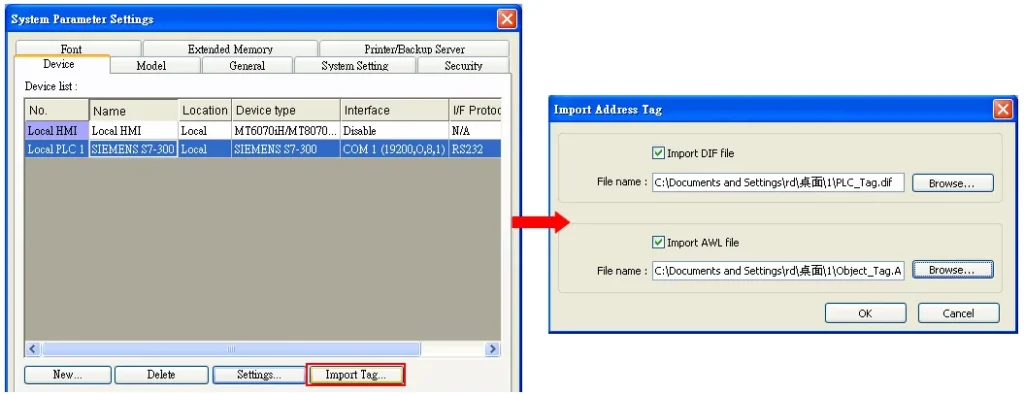 EasyBuilder System Parameter Settings Device tab with SIEMENS S7-300 configured on COM1 at 19200 baud, and the Import Address Tag dialog showing DIF and AWL file path fields.