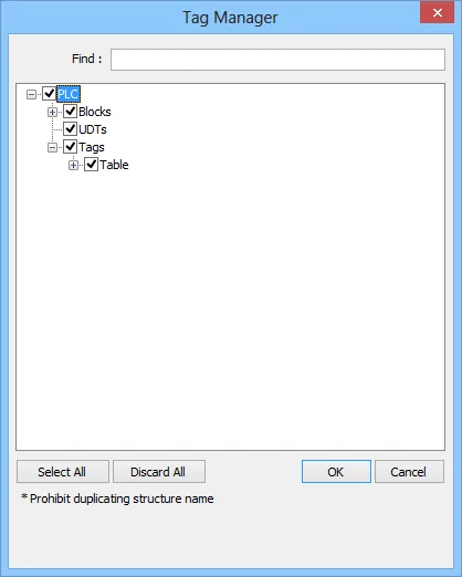 EasyBuilder Tag Manager PLC Blocks Tags EasyBuilder Tag Manager dialog showing a PLC tree with Blocks, UDTs, and Tags nodes all checked.