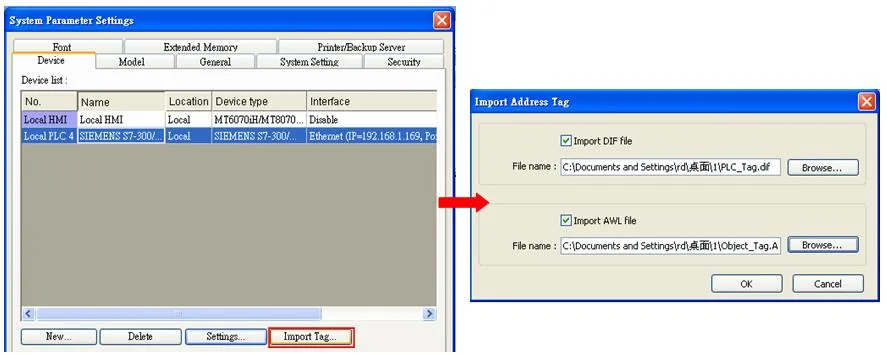EasyBuilderPro System Parameter Settings Device tab with the Import Address Tag dialog open, showing DIF and AWL file paths selected.