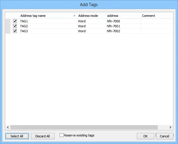 EasyBuilderPro Add Tags dialog showing TAG1, TAG2, TAG3 with Word address mode and Nfn addresses, all checked for import.