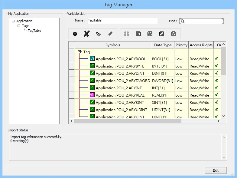 EasyBuilder Pro Tag Manager showing imported tags from Application.POU_2 with data types BOOL, BYTE, DINT, DWORD, INT, REAL, SINT, UDINT, UINT listed, and Import Status showing Import tag information successfully.