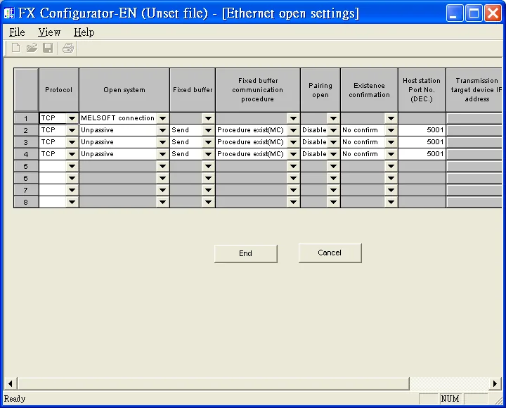 FX Configurator-EN Ethernet Open Settings FX Configurator-EN Ethernet open settings dialog with rows 1-4 configured for TCP, showing MELSOFT connection and Unpassive with port 5001.