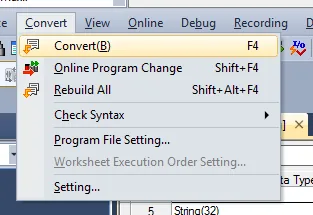 GX Works3 Convert Menu GX Works3 Convert menu open with Convert(B) command highlighted at the top.