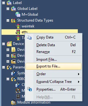 GX Works3 navigation tree with right-click context menu open on a Structured Data Type entry, showing Export to File option highlighted.