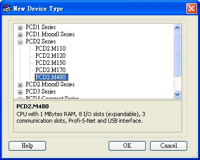 New Device Type dialog showing PCD series tree with PCD2.M480 selected.
