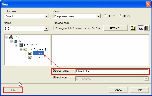 New Source Object Tag Storage Path New Source dialog showing Sources selected as the storage path within S7 Program(3), with Object name set to Object_Tag and Object type STL Source.