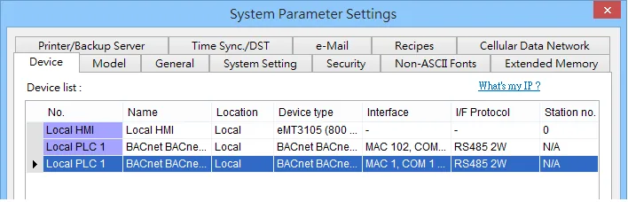 System Parameter Settings Device List Multiple BACnet Units System Parameter Settings Device tab listing Local HMI and two BACnet/MSTP Local PLC 1 entries with RS485 2W interface.