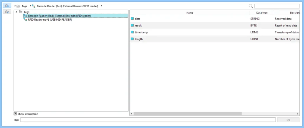 Tag Manager Device Address Object Select Tag Manager object selection panel showing device tags (data, result, timestamp, length) for Barcode Reader (Red) with data types and descriptions.