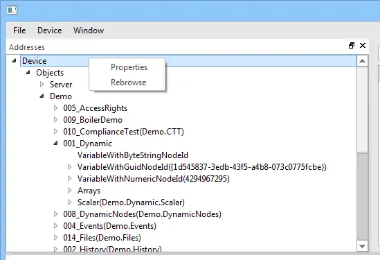 Tag Manager Rebrowse Expand Node Tag Manager Addresses pane showing the Device node right-click context menu with Rebrowse option, and the node tree expanded to show Demo sub-nodes.