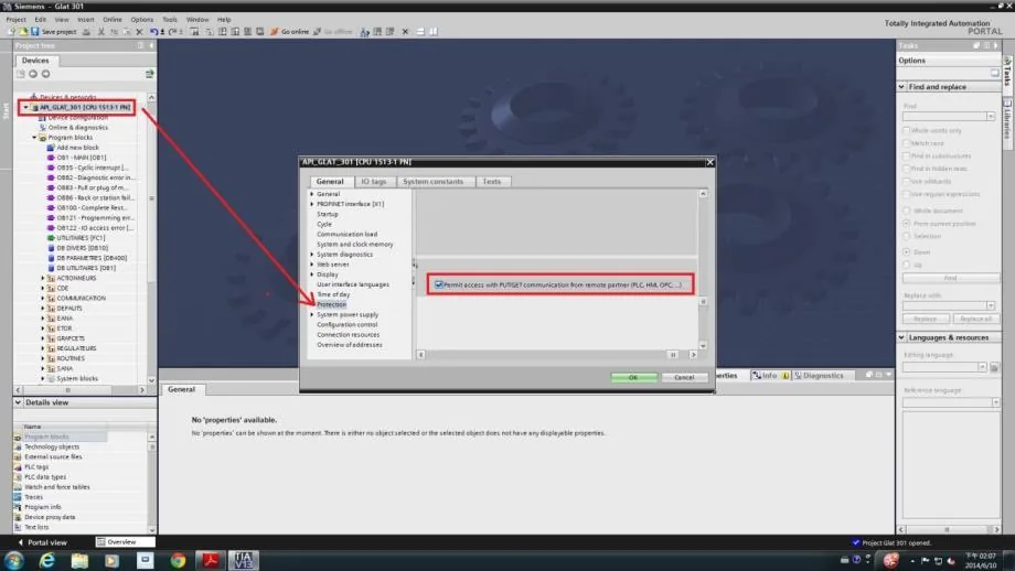 TIA Portal PLC Protection settings dialog with Permit access with PUT/GET communication from remote partner checkbox checked.