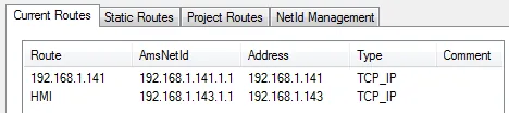 TwinCAT 3 Current Routes HMI Added TwinCAT 3 Current Routes tab showing two entries: 192.168.1.141 and HMI, each with their AmsNetId, Address, and TCP_IP type.