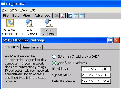 CERHOST Network Connections window showing PCI-TCI8255X2 Settings dialog with IP Address 192.168.1.101 and Subnet Mask 255.255.255.0.