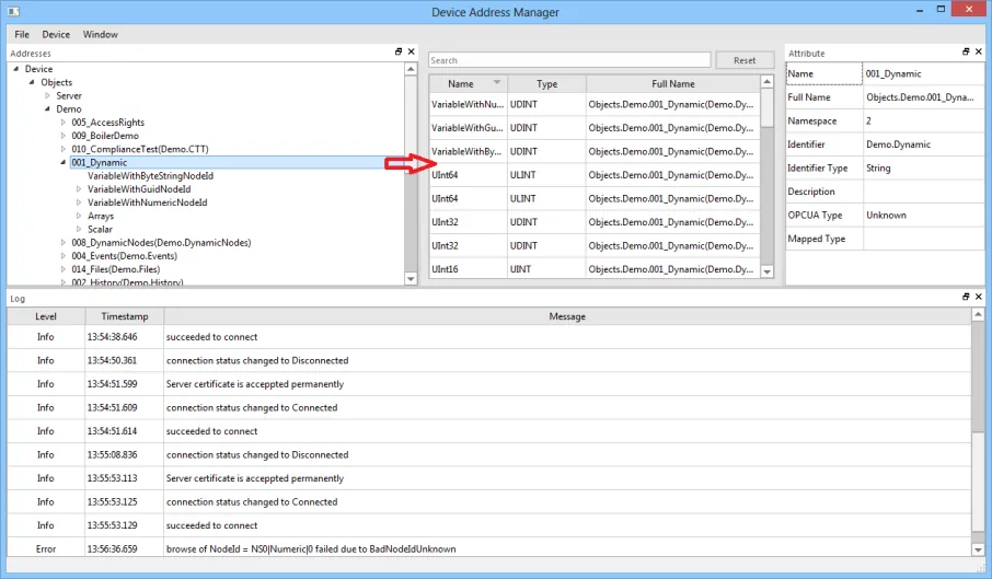 Device Address Manager Drag Tag to List Device Address Manager showing the node tree on the left with 001_Dynamic selected, and tags being dragged to the right-side Name/Type/Full Name list.