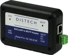 Distech Controls BACnet/IP to MS/TP adapter hardware device showing ETH and MS/TP ports, USB and PWR indicators.