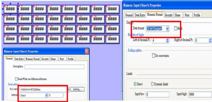 EasyBuilder Address Setting 32-Bit Input EasyBuilder Numeric Input Object Properties showing PLC name YASKAWA MP2300Siec with Address type Input and data format 32-bit Unsigned.