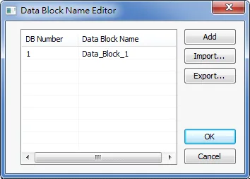 EasyBuilder Data Block Name Editor dialog showing DB Number 1 mapped to Data_Block_1, with Add, Import, Export, OK, and Cancel buttons.