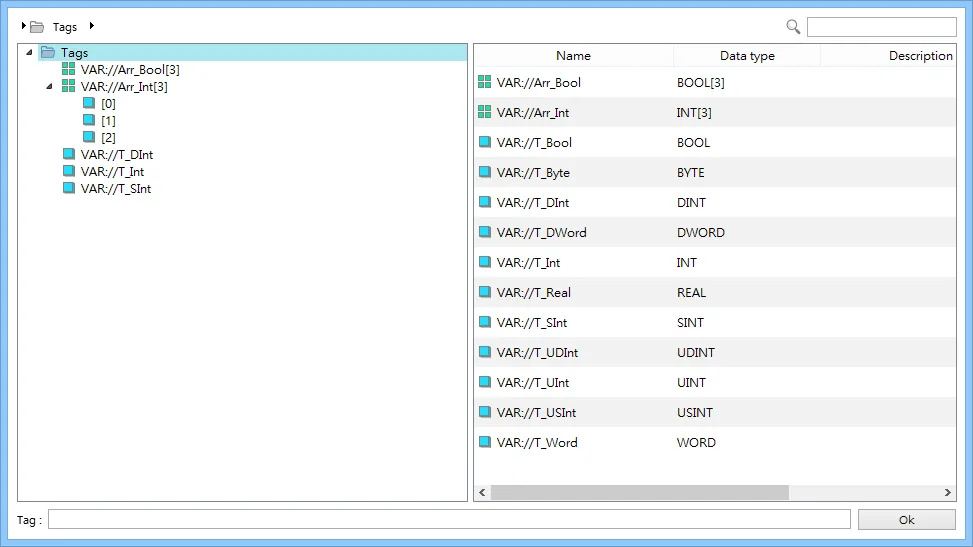 EasyBuilder tag browser showing imported Omron tags tree including array types on the left and a list of tag names with data types such as BOOL, INT, DINT, DWORD, and USINT on the right.