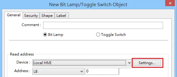 EasyBuilder New Bit Lamp Read Address Settings EasyBuilder New Bit Lamp/Toggle Switch Object dialog with the read address Settings button highlighted.