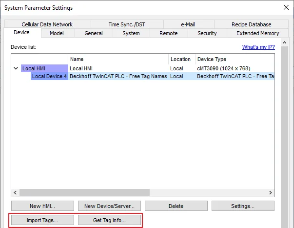 EasyBuilder System Parameter Settings Device tab showing Local HMI and Beckhoff TwinCAT PLC Free Tag Names device, with Import Tags and Get Tag Info buttons highlighted.