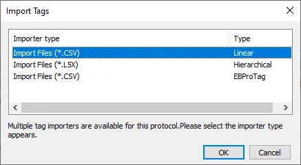 EasyBuilder Pro Import Tags CSV Dialog Import Tags dialog in EasyBuilder Pro with Import Files (*.CSV) Linear selected from the importer type list.
