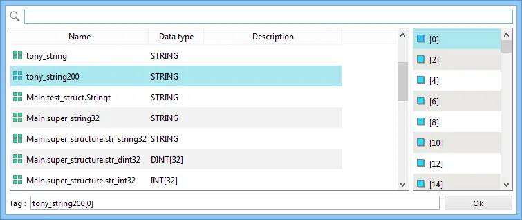 EasyBuilder Pro Imported Tag Address List EasyBuilder Pro tag address list showing imported STRING tags including tony_string, tony_string200, and structure members, with an array index panel on the right.