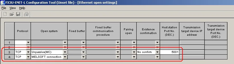 FX3U-ENET-L Configuration Tool Ethernet open settings showing rows 3 and 4 with TCP Unpassive(MC) and MELSOFT connection at port 5001.