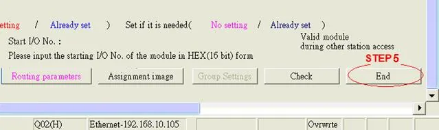 GX Developer End Button Open Settings GX Developer Open settings footer bar showing the End button highlighted, with Q02(H) Ethernet 192.168.10.105 listed below.