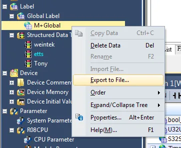 GX Works3 navigation tree with right-click context menu open on Global Label M+Global, showing Export to File option highlighted.