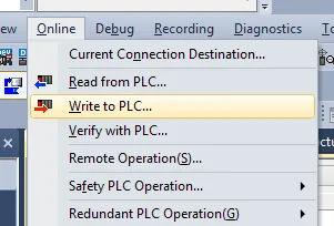 GX Works3 Write to PLC GX Works3 Online menu open with Write to PLC command highlighted.