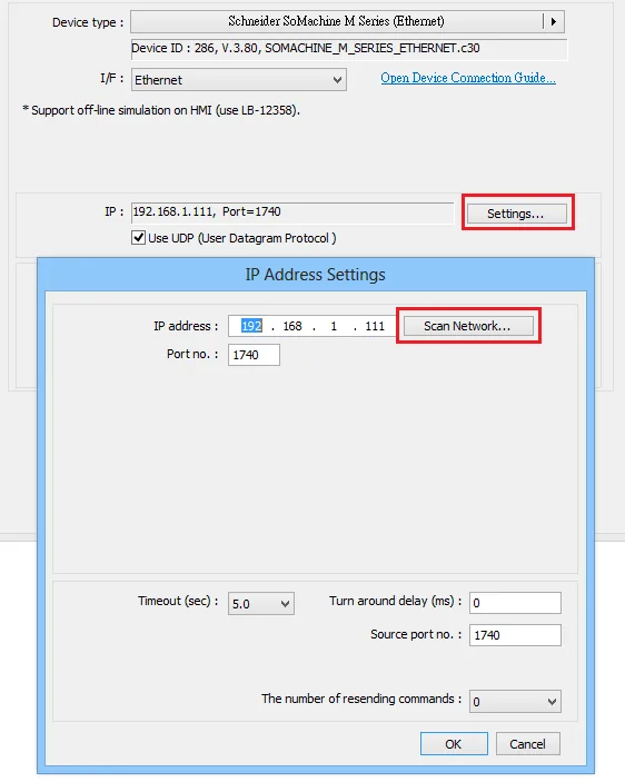 IP Address Settings Scan Network EasyBuilderPro IP Address Settings dialog showing IP address 192.168.1.111, Port 1740, with the Scan Network button highlighted.
