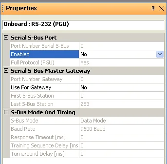 Properties panel for Onboard RS-232 (PGU) showing Serial S-Bus Port Enabled set to No.