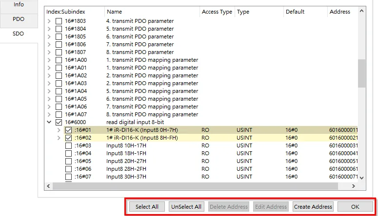 SDO tab showing the address list with Select All, Unselect All, Delete Address, Edit Address, Create Address, and OK buttons highlighted at the bottom.