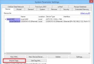 System Parameter Settings Device tab showing Local Device configured as CODESYS V3 (Ethernet) with Import Tags button highlighted in red.
