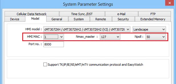 System Parameter Settings Model tab with HMI MAC set to 1, Nmax_master 127, and Npoll 50 fields highlighted.