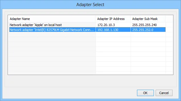 Adapter Select Dialog Adapter Select dialog listing two adapters — Apple on local host at 172.20.10.3 and Intel 82579LM Gigabit adapter at 192.168.1.130 — with the Intel adapter selected.