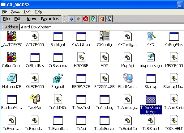 CERHOST file browser showing Hard DiskSystem directory contents with TcAmsRemoteMgr highlighted among system executables.