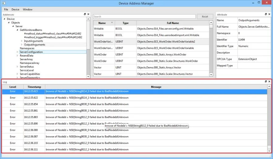 Device Address Manager Log Import Results Device Address Manager showing imported tags in the right pane and a Log section at the bottom with Info and Error messages about connection status and node browse failures.