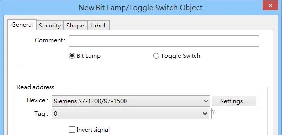 EasyBuilder Bit Lamp Device S7-1200/1500 EasyBuilder New Bit Lamp object with Device set to Siemens S7-1200/S7-1500 and Tag field displayed.