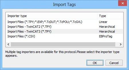 EasyBuilder Import Tags dialog listing importer types: Linear for .TPY, .EXP, .TcDUT, .TcPOU, .TcGVL files; Hierarchical for TwinCAT2 and TwinCAT3 .TPY files; and EBProTag for .CSV files.