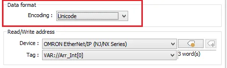 EasyBuilder data format panel showing Encoding set to Unicode for an OMRON EtherNet/IP (NJ/NX Series) device with array tag VAR://Arr_Int[0].
