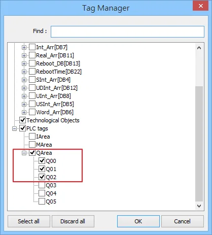 EasyBuilder Tag Manager dialog showing a tree of DB arrays and PLC tags with QArea expanded, Q00, Q01, and Q02 checked, and Select all, Discard all, OK, and Cancel buttons.