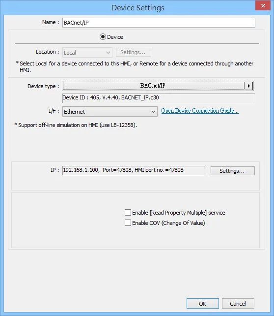 EBPro (EasyBuilder Pro) Device Settings dialog with BACnet/IP selected as the device type, showing Device ID 405, firmware V.4.40, and interface set to Ethernet.