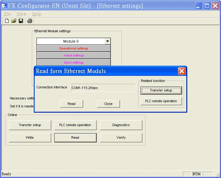 FX Configurator-EN Read Ethernet Module FX Configurator-EN Ethernet settings with Read form Ethernet Moduls dialog open, showing COM1-115.2Kbps connection interface.