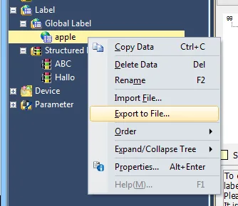 Global Label Right-Click Export to File GX Works3 navigation panel with right-click context menu open on the Global Label 'apple' entry, showing Export to File option highlighted.